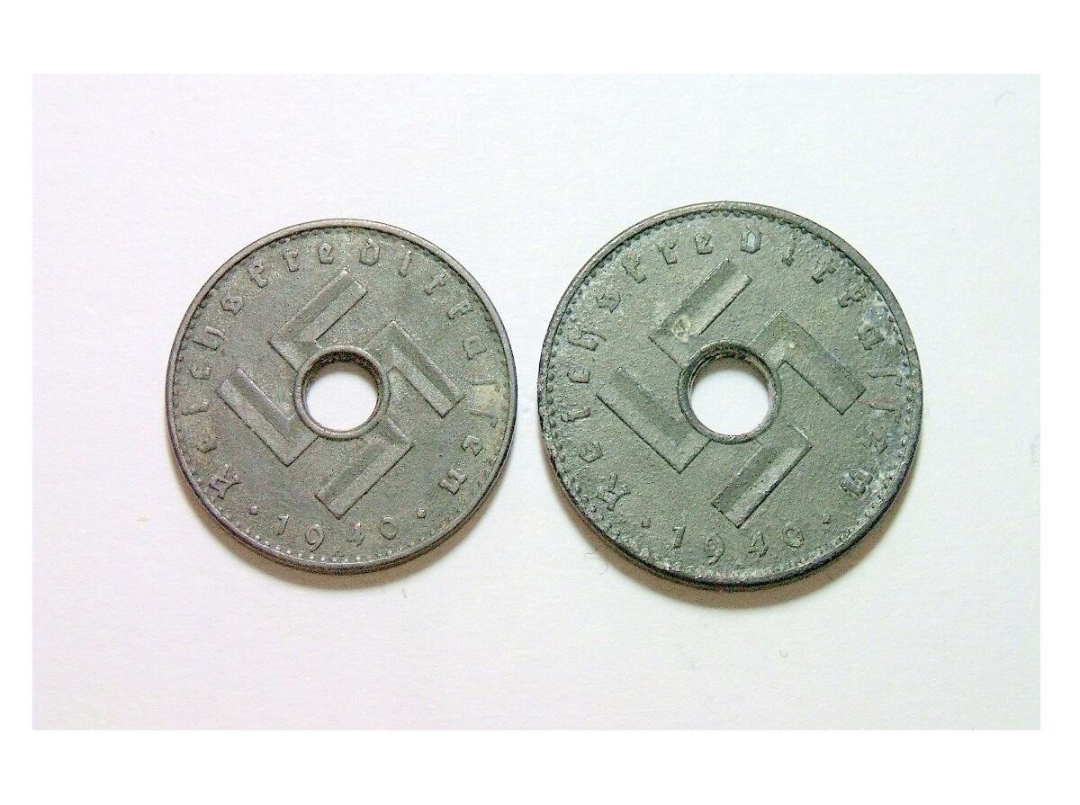 【旋风钱币】11月29日19:00准时开拍 精美欧洲币章、银币银章、第三帝国钱币等 全场包邮！ 2枚套 德国第三帝国1940年5+10芬尼带孔军币 爽品