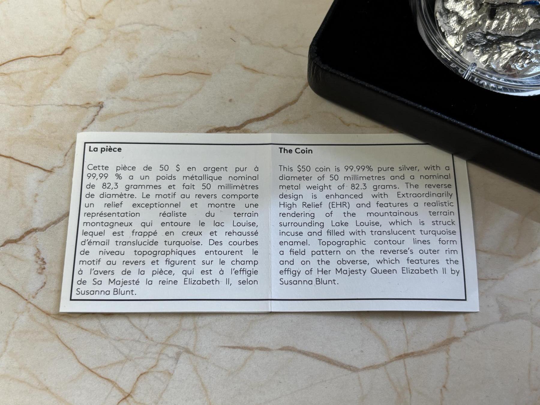 第182期拍卖 加拿大2021年落基山脉明珠路易斯湖潮高浮雕银币，9999银，82.3克，发行3000枚