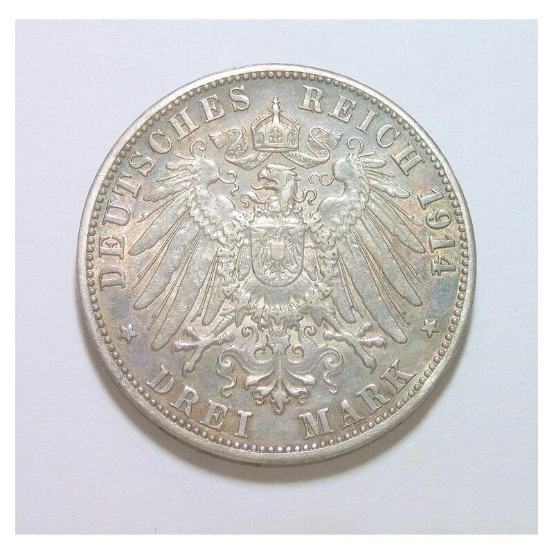 【银】德国巴登1914年 腓特烈二世3马克银币 难得酱五彩爽品