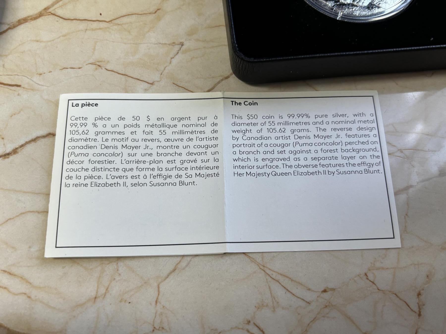 第182期拍卖 加拿大2021年美洲狮多层雕刻立体镂空105.6克纪念银币，9999银，发行1500枚