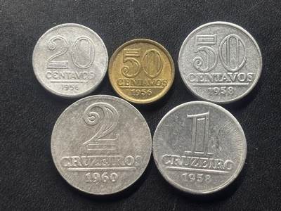 邮泉阁限时拍卖第三十六场 美洲硬币专场（硬币在国外。请付邮费6元。） - 巴西1950年代5枚