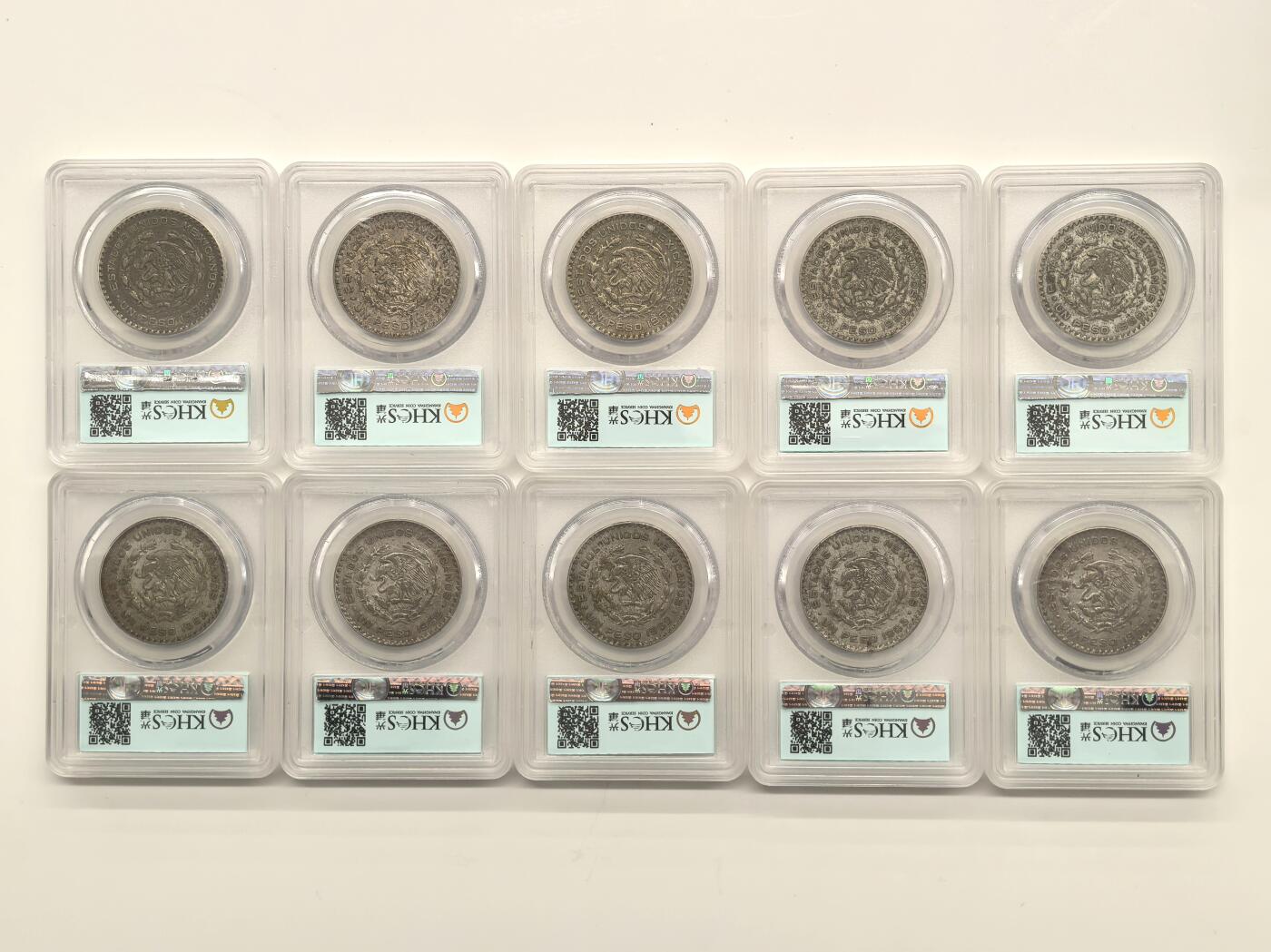 博洋堂世界钱币拍卖第147期（全场包邮） KHCS AU50 墨西哥1958-1963年1比索银币10枚一组