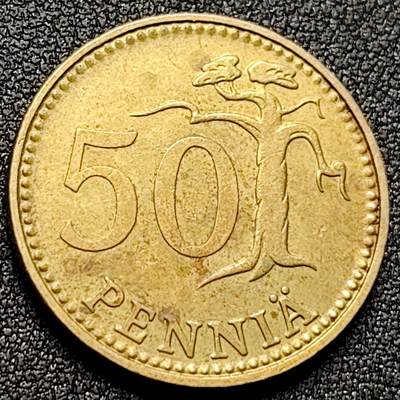 泉币菌-第135场-精品福利场 -  芬兰50芬尼 25mm 铜币1971年 持剑狮子