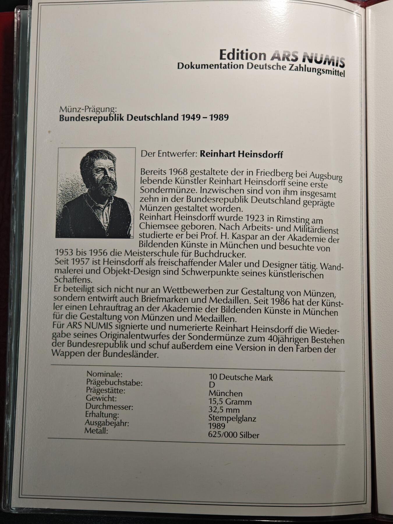【德藏】世界币章拍卖第154期（拍品征集中~欢迎藏友联系） 1989年 德意志联邦成立40周年钱币铸造档案样币纪念册 带设计师亲笔签名