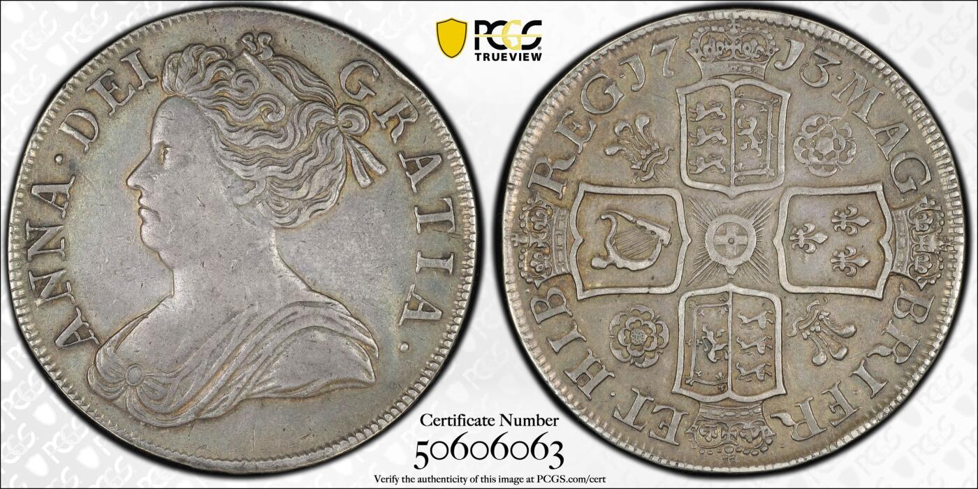 博洋堂世界钱币拍卖第147期（全场包邮） PCGS AU50 英国1713年安妮克朗大银币，三百多年的老银币，原味老包浆，背面经典盾徽，大名誉品。2024年8月sbp同分2160美元