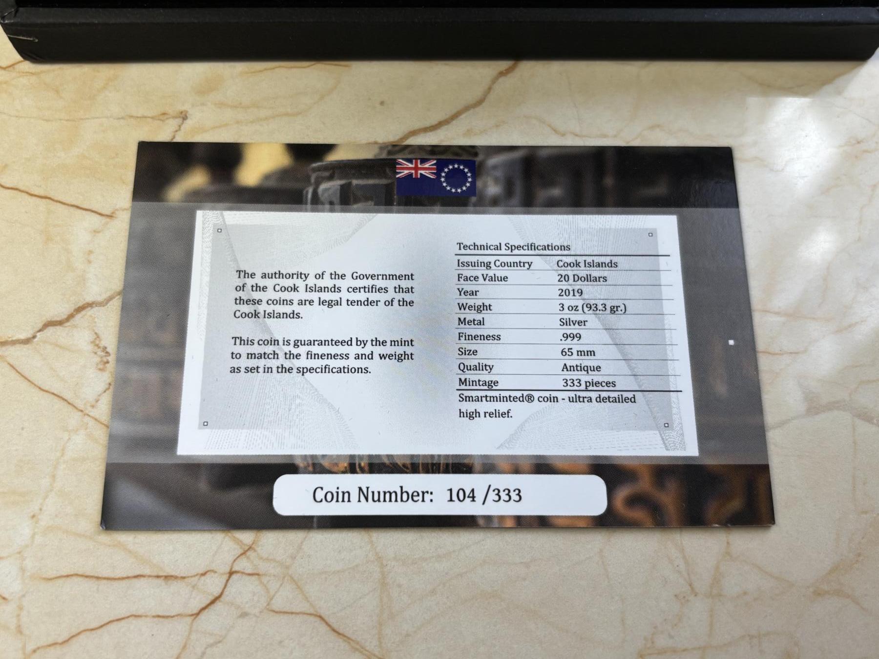 第182期拍卖 库克2019年考古生命之轮高浮雕仿古3盎司纪念银币，999银，发行333枚，盒子有破