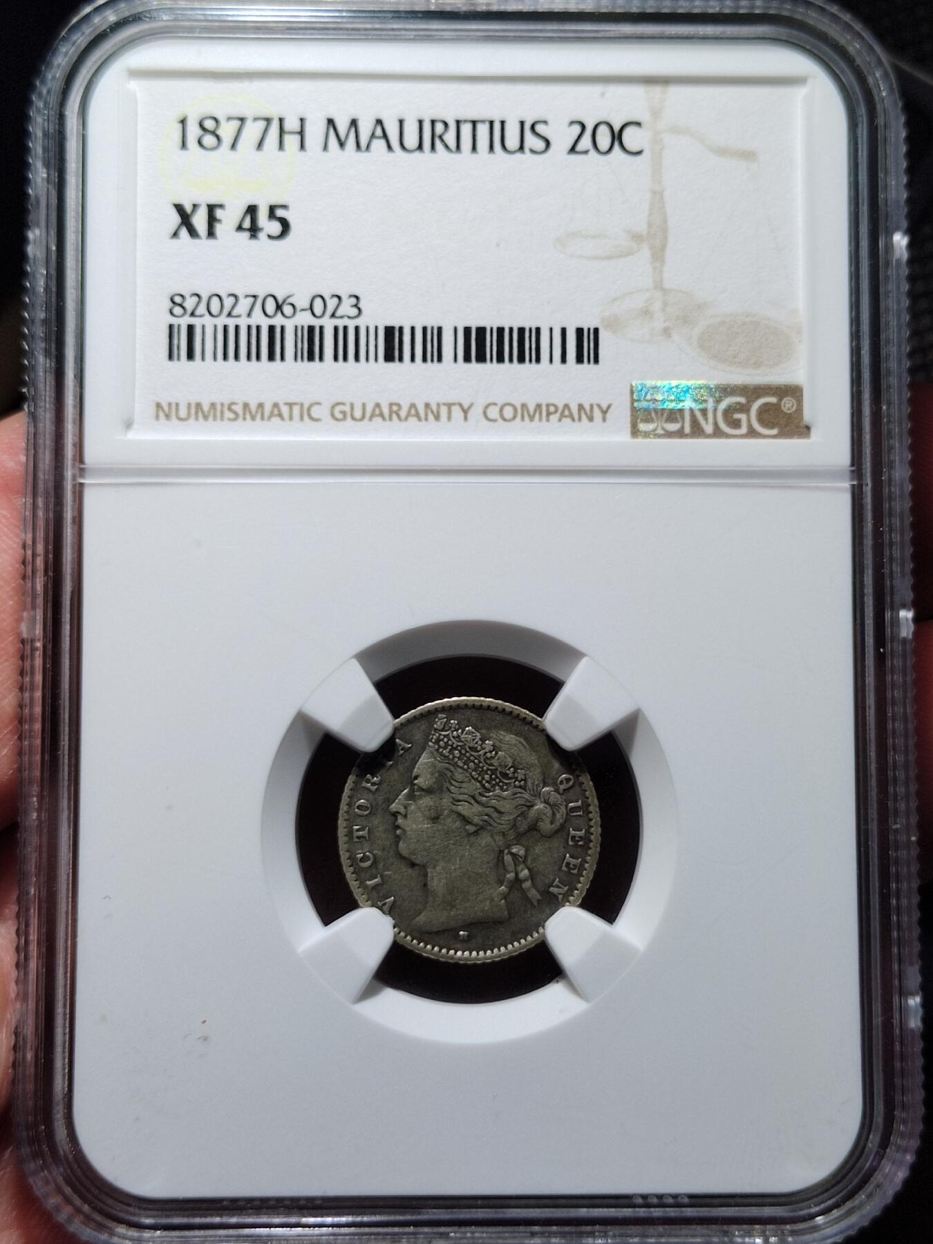 中外钱币第五场 NGC-XF45毛里求斯1877H版20分