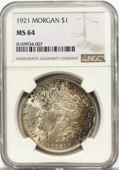 博洋堂世界钱币拍卖第147期（全场包邮） - NGC MS64 美国1921年摩根$1银币 五彩包浆 压制比常见1921摩根好很多 潜力品相