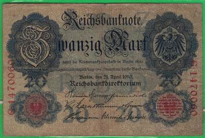 德国1910年20马克 P-40b 无水印 加盖字母Z 7位号 实物图 - 德国1910年20马克 P-40b 无水印 加盖字母Z 7位号 实物图
