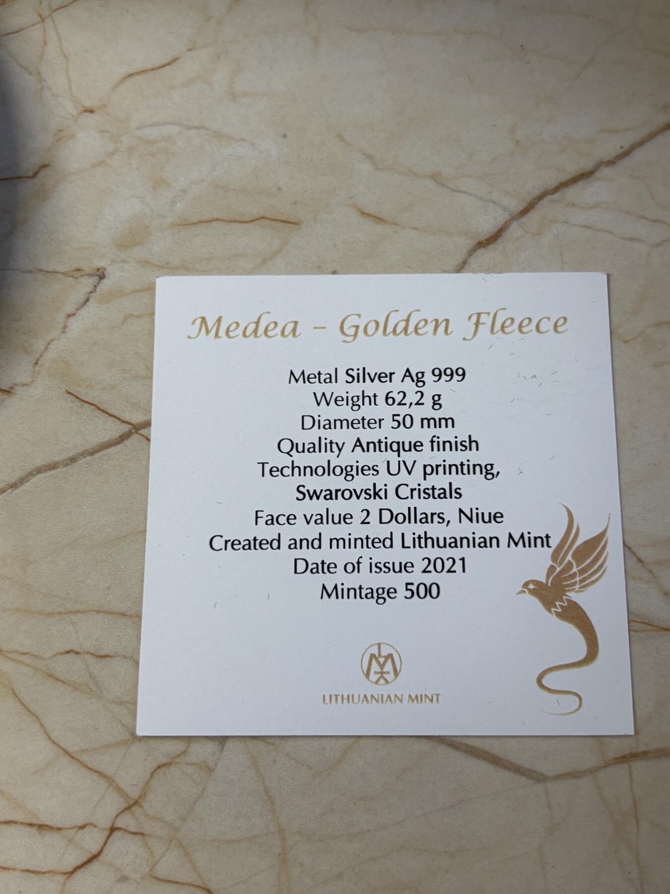 第182期拍卖 纽埃2021年金羊毛系列1美狄亚2盎司高浮雕彩色银币原盒证书，999银，发行量500枚，