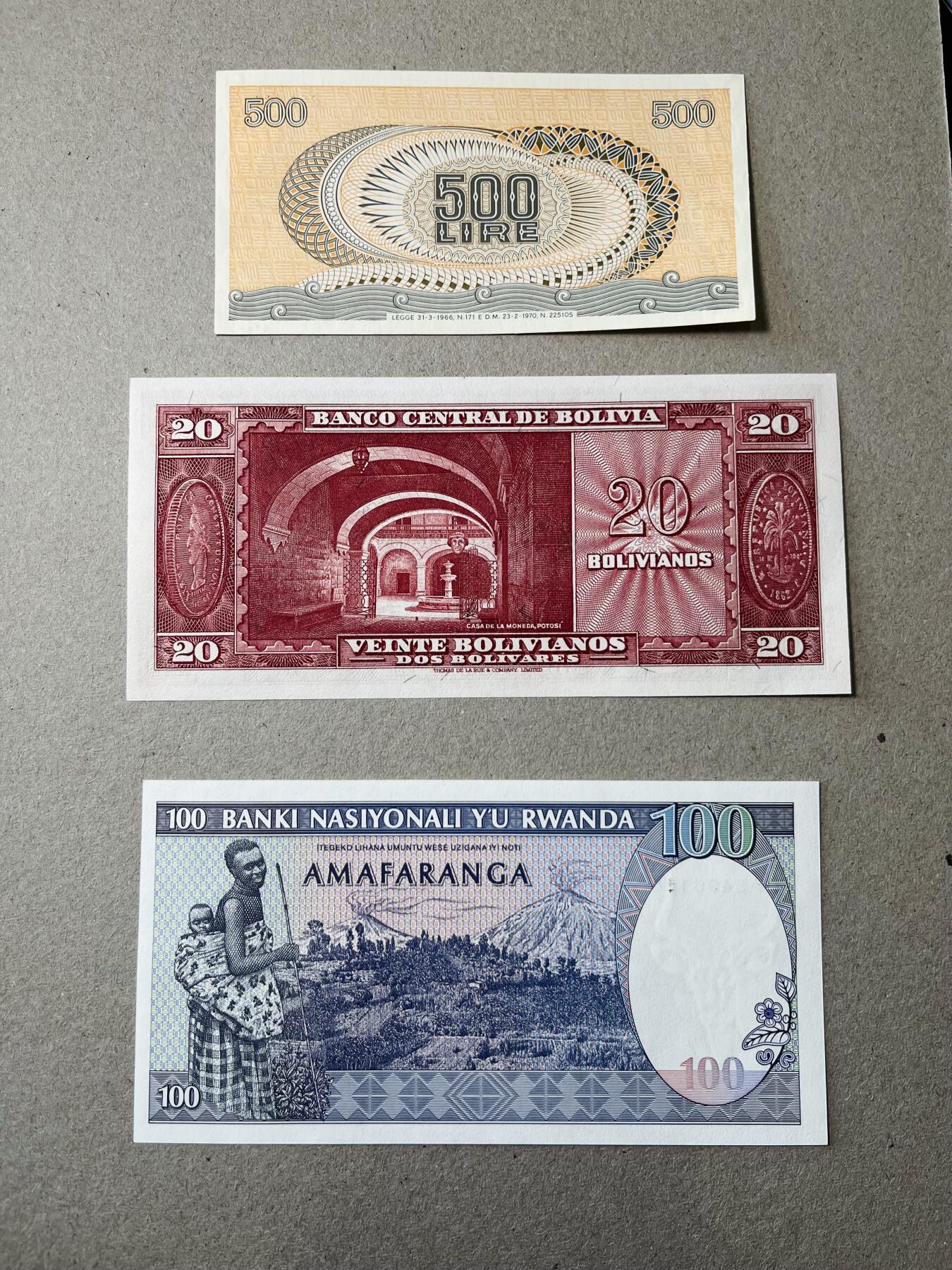 【礼羽收藏】🌏世界钱币拍卖第113期 意大利1966年500里拉，玻利维亚1945年20元，卢旺达1989年100法郎，全新UNC