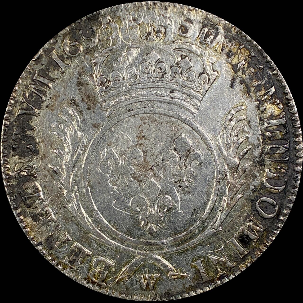 【雨安】【直播拍卖】【世界币章115期-裸币】2025-11-21 周五 19:30 保真 [裸币法国] France 法国 1埃居 KM#0298 (1693-1701) 路易十四 皇冠圆形纹章棕榈枝 1695年