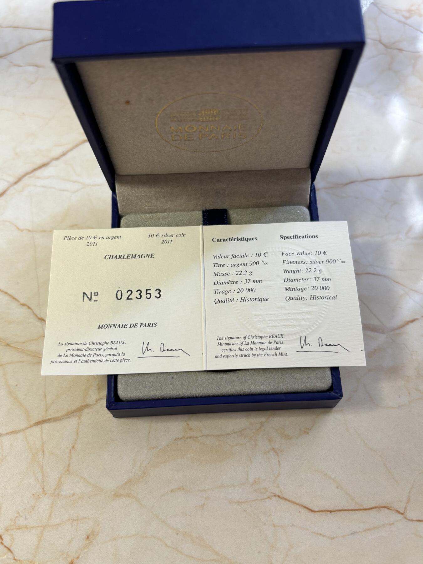 第182期拍卖 获奖法国2011年君王系列查理曼大帝仿古纪念银币NGC-PF68原盒证书，900银，发行20000枚，2011年世界硬币大奖-最佳克郎币