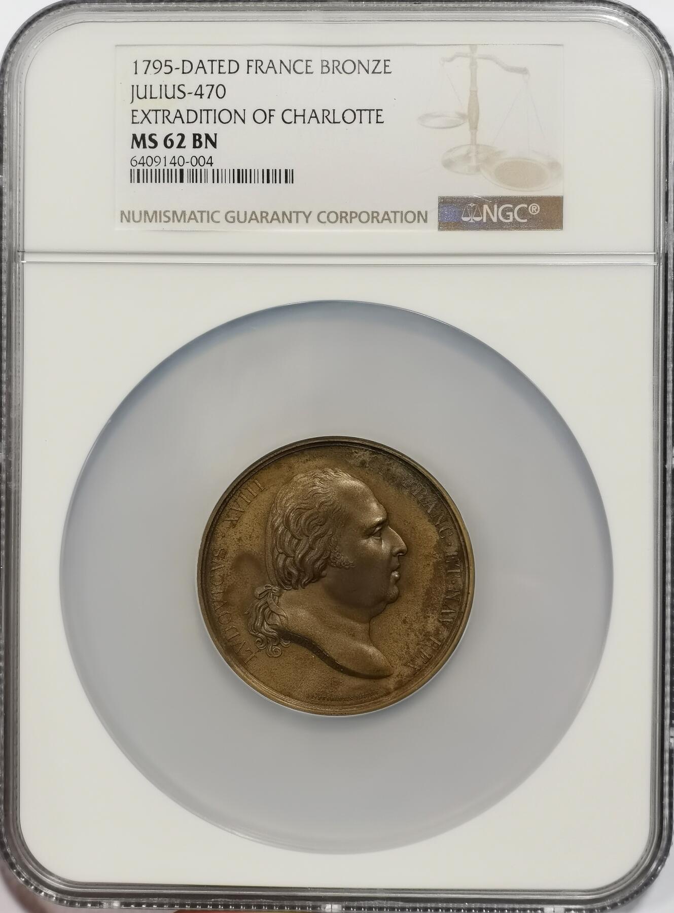 博洋堂世界钱币拍卖第147期（全场包邮） NGC MS62 法国1795年路易十八头像世博会纪念大铜章，50mm巨大款，原铸非后铸款！