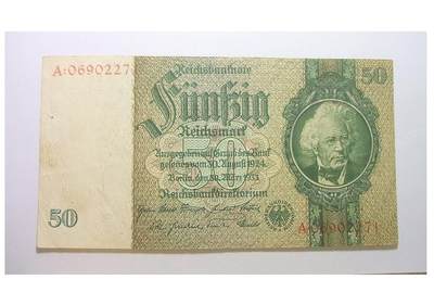 德国第三帝国1933年银行家50马克 无字母花纹水印版 极美品 - 德国第三帝国1933年银行家50马克 无字母花纹水印版 极美品