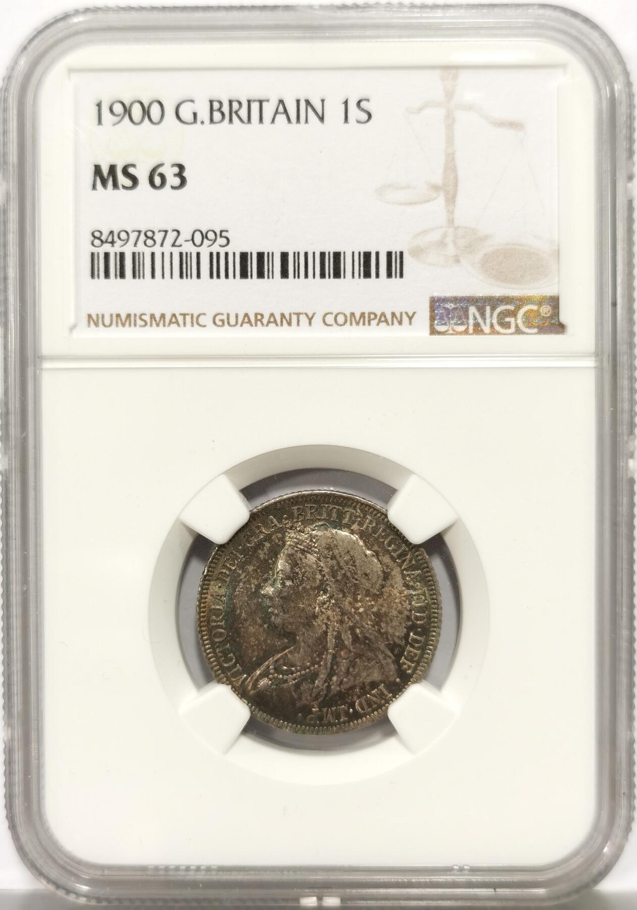 博洋堂世界钱币拍卖第147期（全场包邮） NGC MS63 英国1900年维多利亚批纱1先令银币 人面蓝绿彩 盾徽面紫罗兰色包浆 优雅英伦包浆 63中的上品