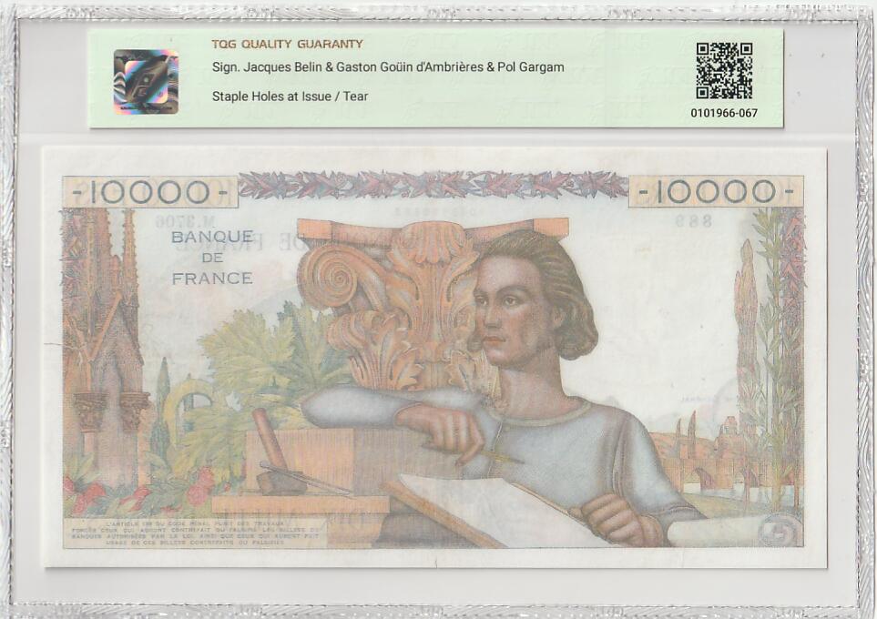 2025十一月第五期，总第203期 法国1952年10000法郎TQG35分，经典的大票幅大地球设计，体现了战后法国依旧想维持全球殖民帝国的迷梦，但风起云涌的殖民地独立运动击碎了这一切，即是讽刺但也造就了作为这一版本最大面值的经典品种