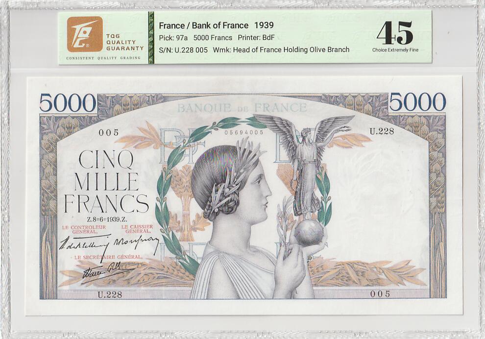 2025十一月第五期，总第203期 法国1939年5000法郎TQG45分无47，手拿橄榄枝和神像的法兰西女神“玛丽安娜”正反双面对印，经典的大票幅设计