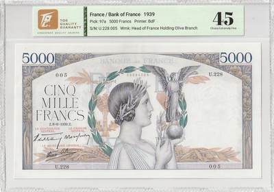 2025十一月第五期，总第203期 - 法国1939年5000法郎TQG45分无47，手拿橄榄枝和神像的法兰西女神“玛丽安娜”正反双面对印，经典的大票幅设计