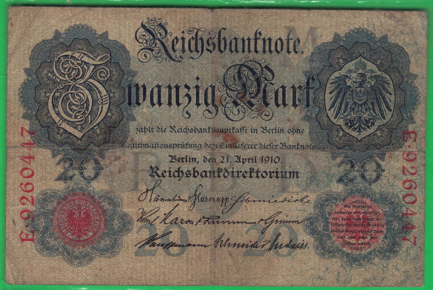 德国1910年20马克 P-40b 无水印 加盖字母M 7位号 实物图