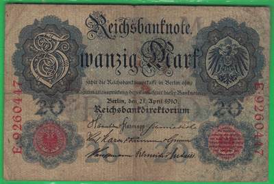 德国1910年20马克 P-40b 无水印 加盖字母M 7位号 实物图 - 德国1910年20马克 P-40b 无水印 加盖字母M 7位号 实物图