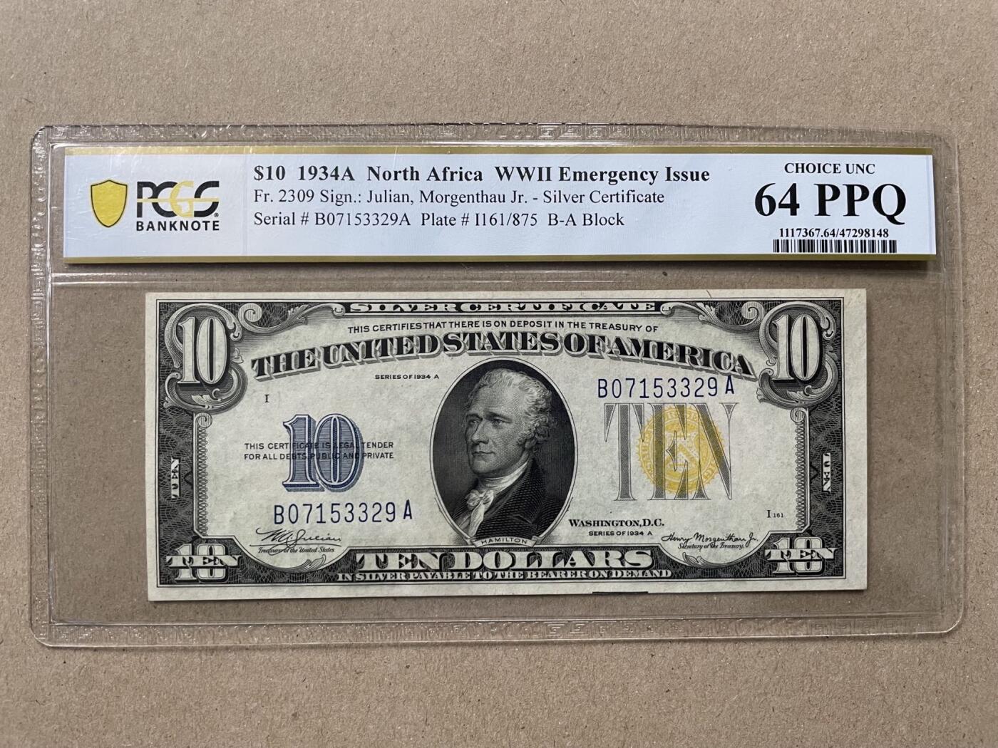 美国1934年A版10元北非券 PCGS64PPQ B07153329A