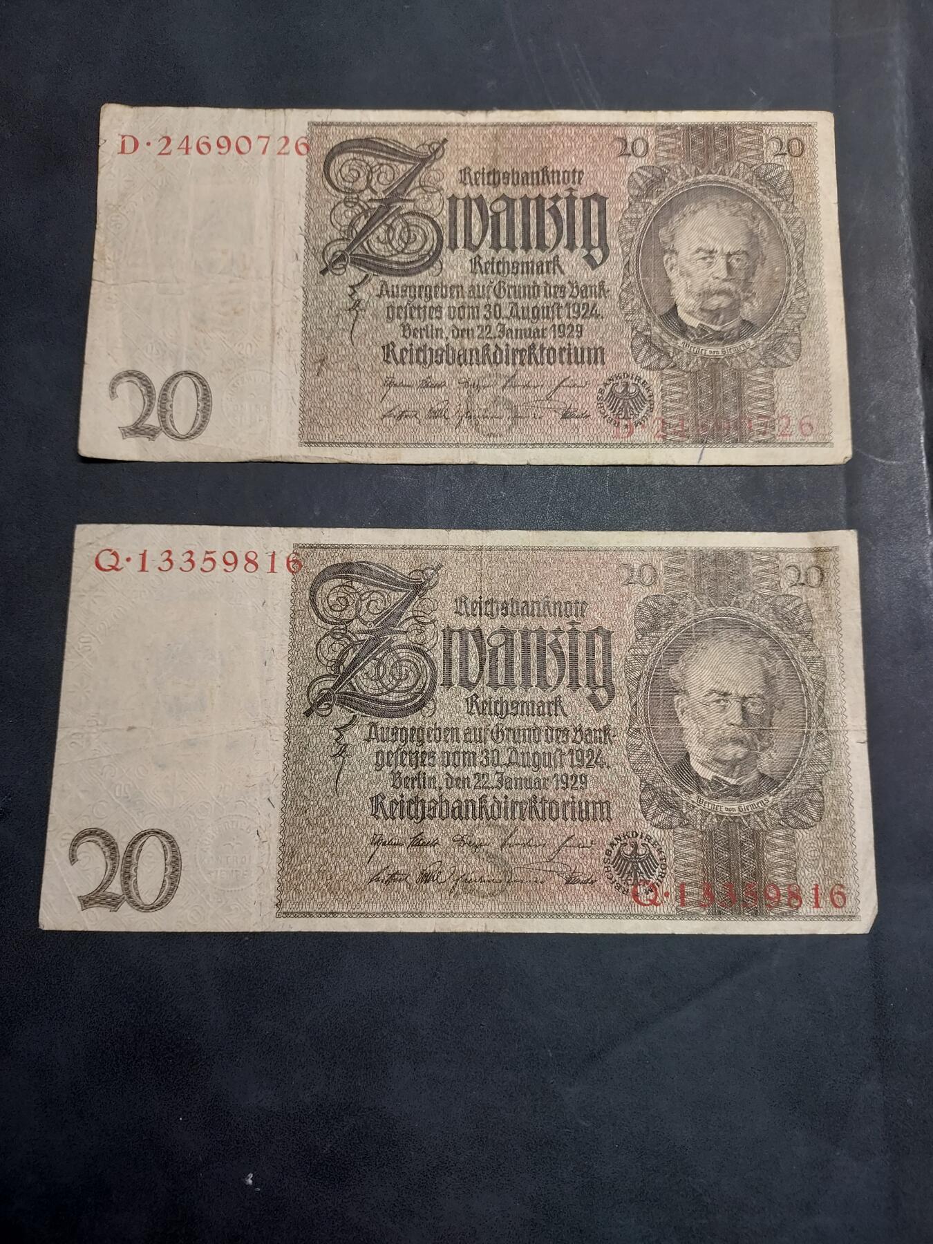 博彦收藏   11月24日 8点 钱币专场 1929德国20马克2张 流通品