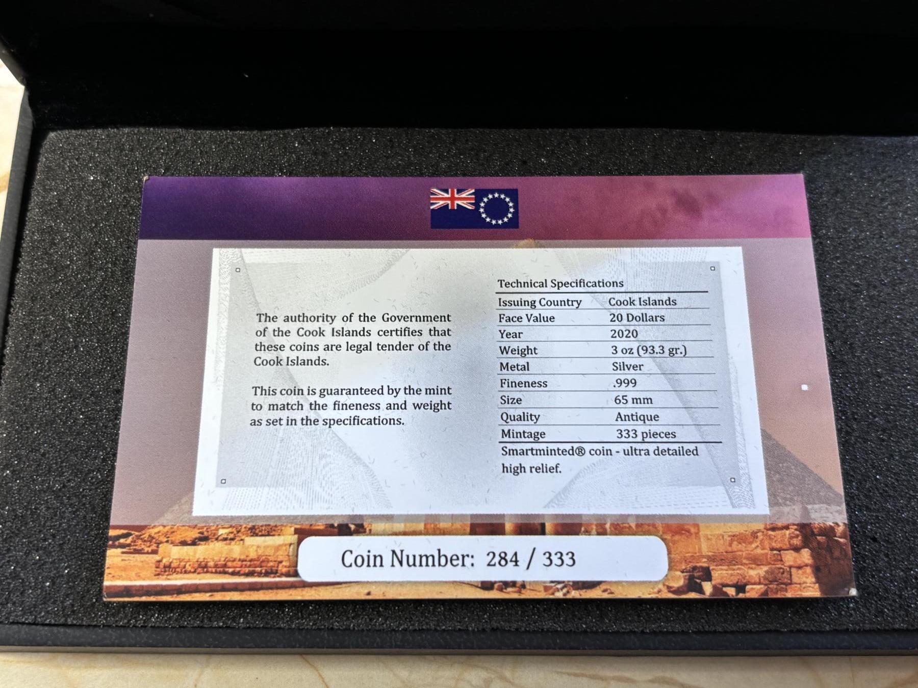 第182期拍卖 库克2020年考古学系列丹德拉神庙3盎司仿古银币NGC-MS70原盒证书，999银，发行333枚