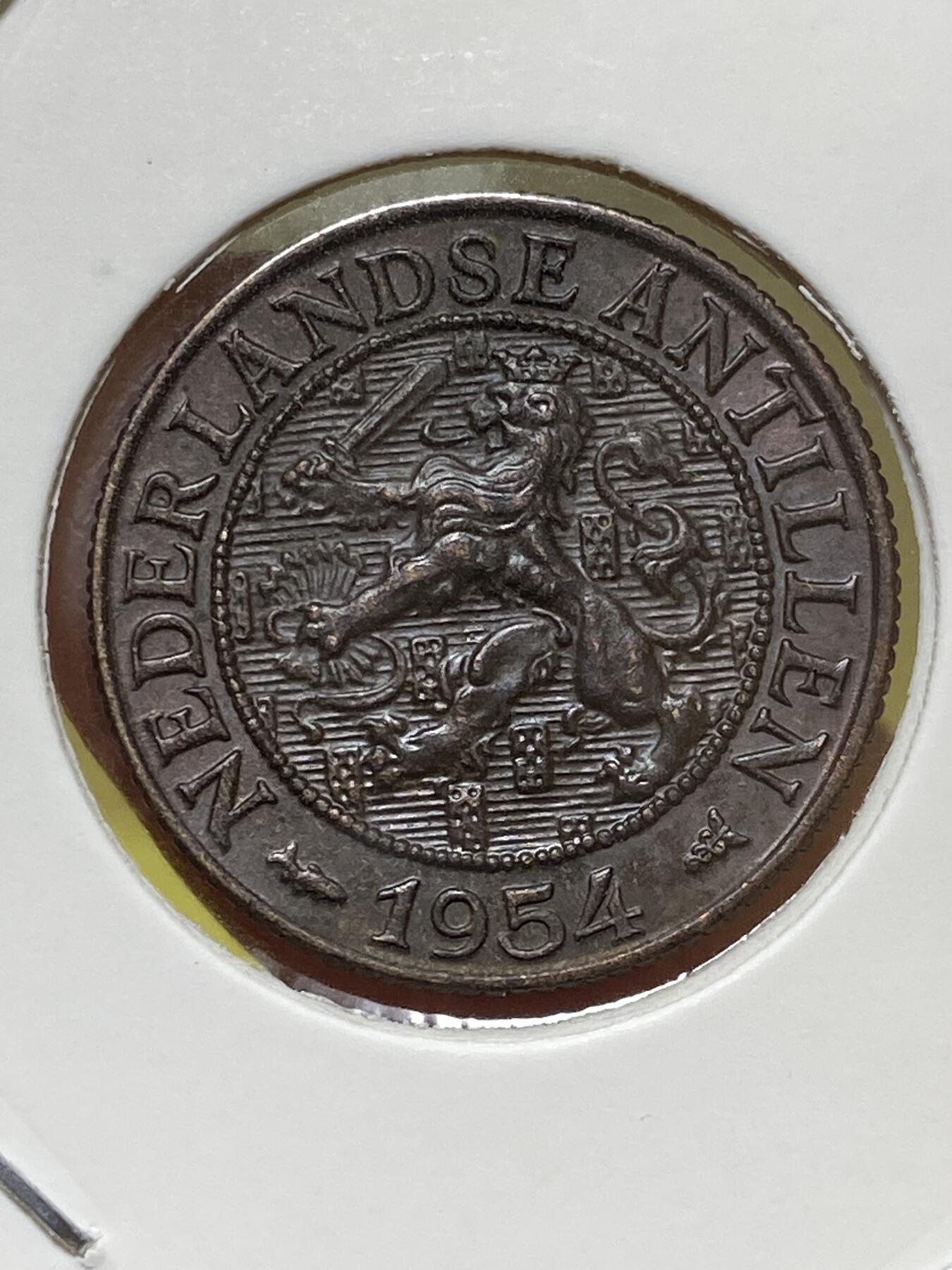 2025年第一百三十一场(总第一百五十七场）外国好品纸夹散币场(免佣金) 好品–荷属安的列斯1954年1分(第一套流通硬币，Fish–鱼标)