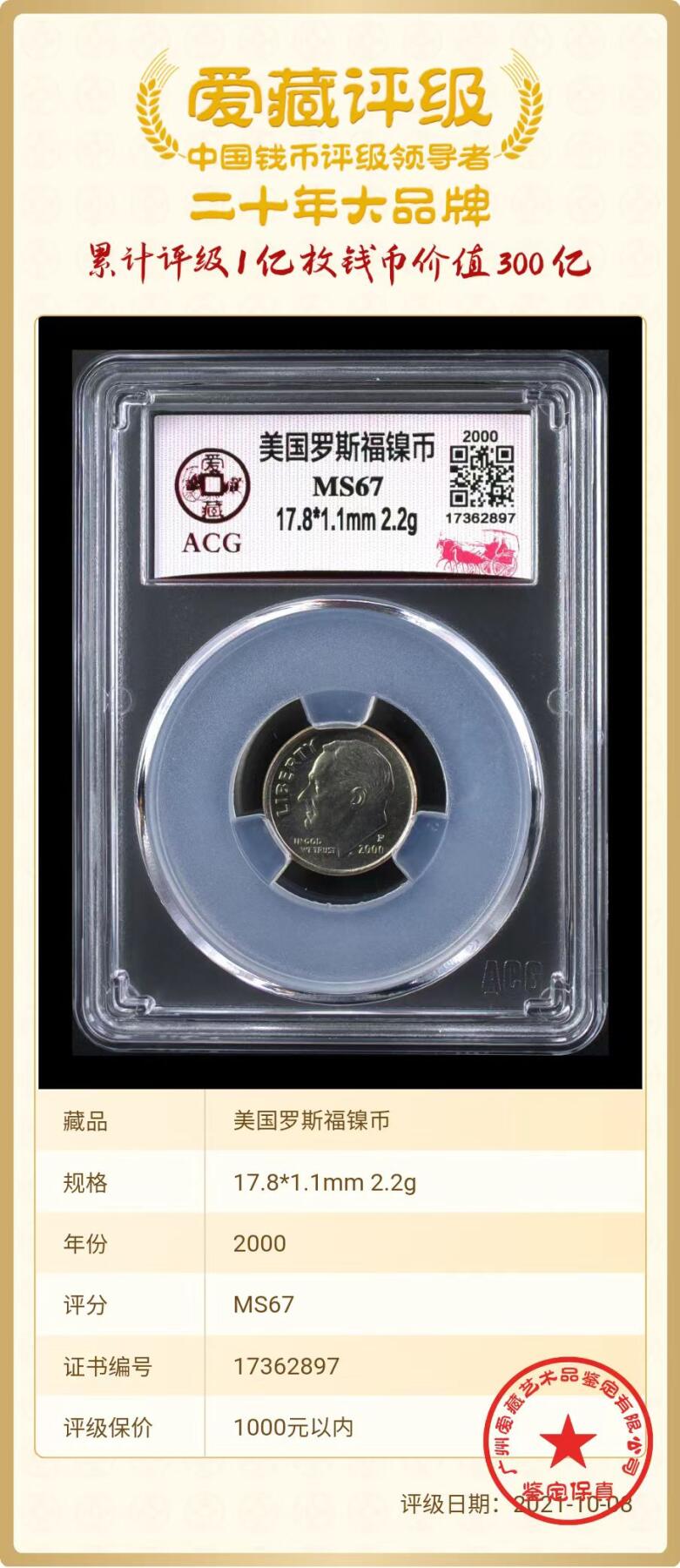 美国纪念币ACG评级 千禧年罗斯福5美分纪念币