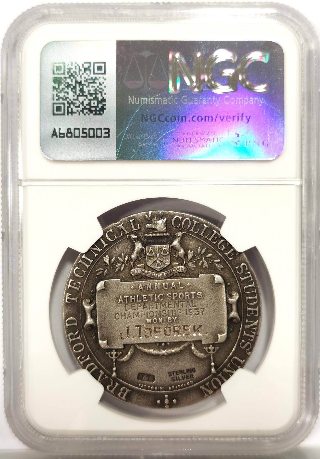 博洋堂世界钱币拍卖第147期（全场包邮） NGC MS62 英国1937年布莱德福技术学院大银章，38mm个头不小了，学院风景建筑系列。