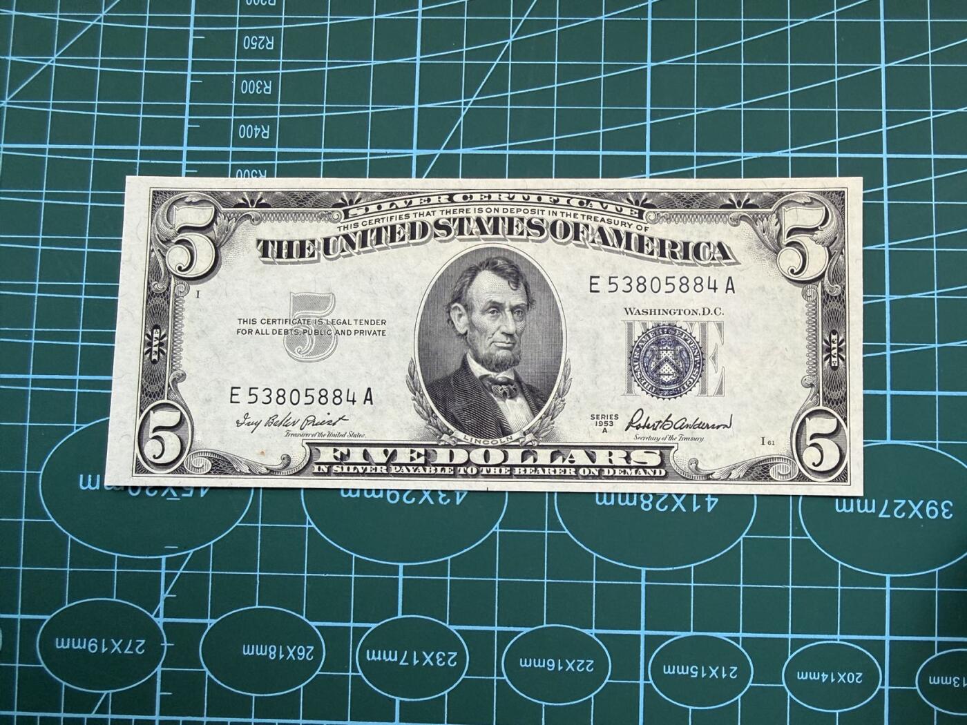 【炜奕收藏】，第五十一期 1953年美国5美元银币券，UNC品相