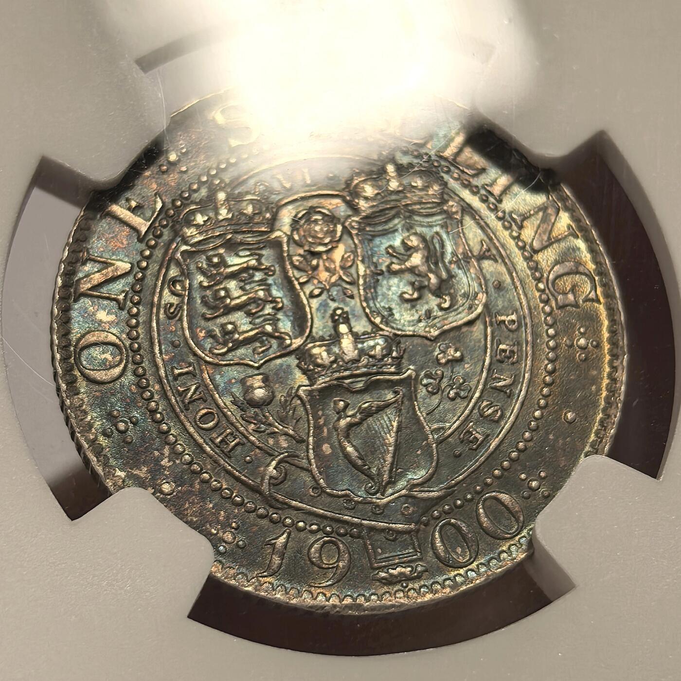 博洋堂世界钱币拍卖第147期（全场包邮） NGC MS63 英国1900年维多利亚批纱1先令银币 人面蓝绿彩 盾徽面紫罗兰色包浆 优雅英伦包浆 63中的上品