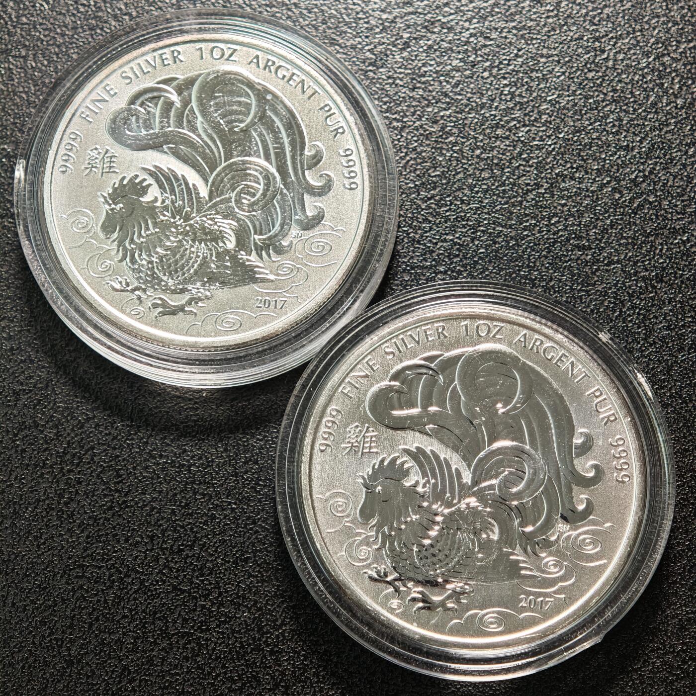 【德藏】世界币章拍卖第154期（拍品征集中~欢迎藏友联系） 2枚一组 2017年 加拿大生肖鸡年5元纪念银币 9999银 直径约：38mm/枚；重1盎司/枚