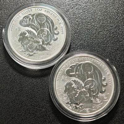 【德藏】世界币章拍卖第154期（拍品征集中~欢迎藏友联系） - 2枚一组 2017年 加拿大生肖鸡年5元纪念银币 9999银 直径约：38mm/枚；重1盎司/枚