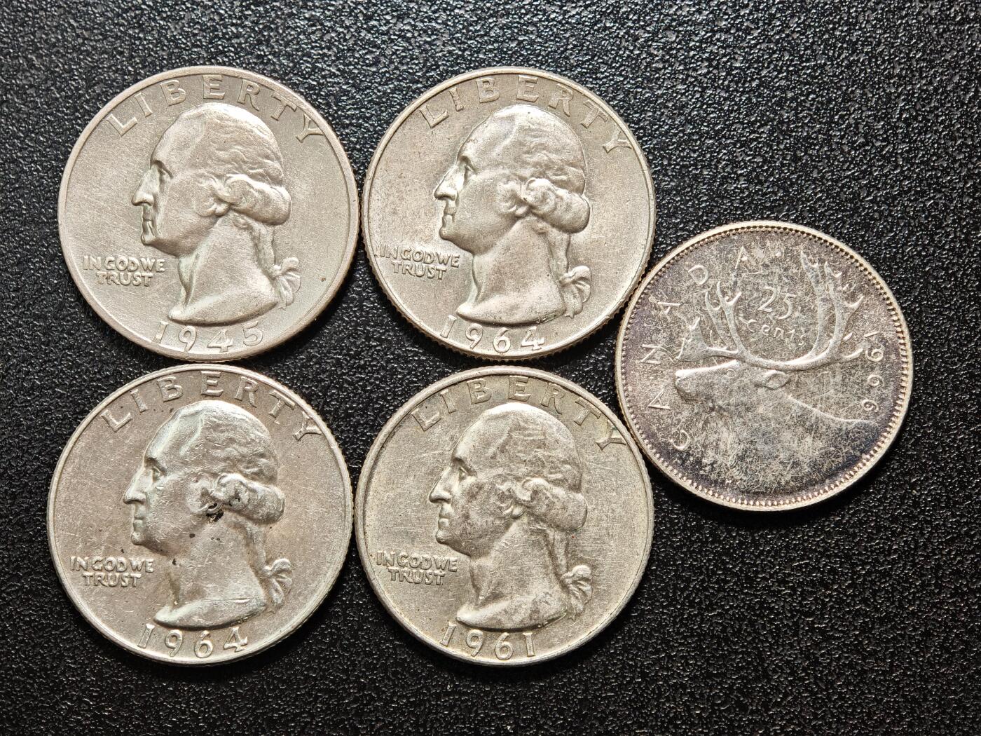 【德藏】世界币章拍卖第154期（拍品征集中~欢迎藏友联系） 5枚一组 美国及加拿大25分银币 直径约：24.1mm/美，23.7mm/加；重约：6.3g/美，5.8g/加