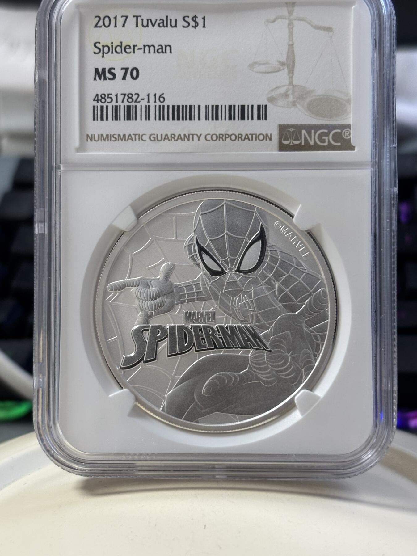 第182期拍卖 图瓦卢2017年漫威超级英雄蜘蛛侠纪念银币NGC-MS70，9999银，发行50000枚