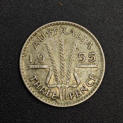 【淘币小摊】实时拍第八百零二拍   散币场   满百包邮可预留二周 每周一统一发货   - 澳大利亚1955年伊丽莎白二世3便士银币