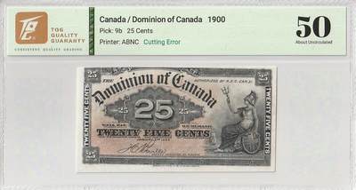 2025十一月第五期，总第203期 - 加拿大1900版25分TQG50分，稀有的正面印刷歪斜而背面正常印刷的错版