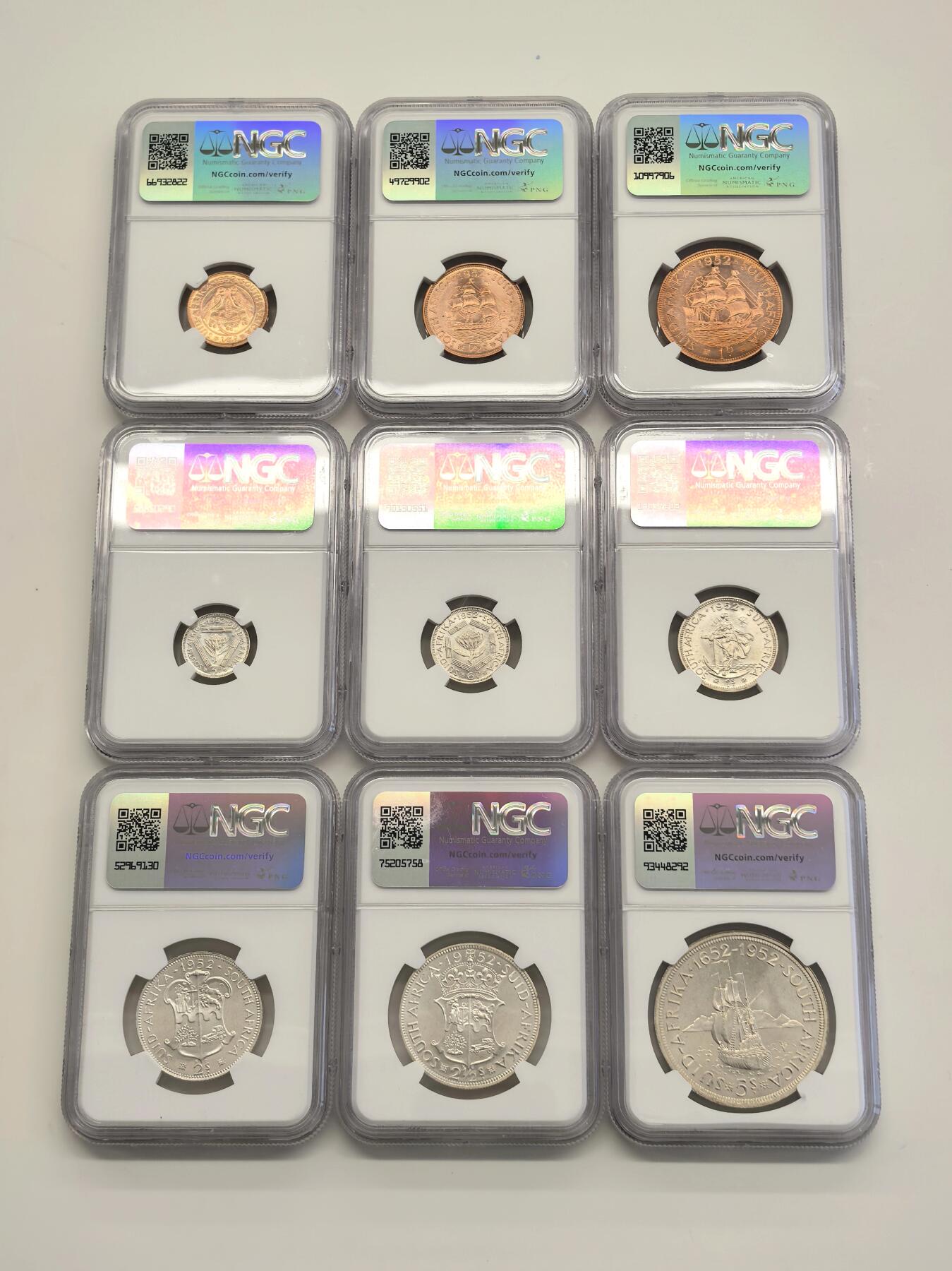 博洋堂世界钱币拍卖第147期（全场包邮） NGC PF66-68 英属南非1952年发现开普敦300周年套币 乔治六世 5先令﹣1/4便士 6枚银币分数介于66/68 3枚铜币品相近乎紫铜光绝品 整套状态一绝 高分一套集齐无需拼凑 附带造币厂原绒布盒 外拍高涨品种 参考HA2025年类似分数一套成交价1080美元