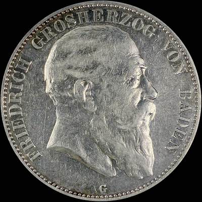 【雨安】【直播拍卖】【世界币章115期-裸币】2025-11-21 周五 19:30 保真 - [裸币德国] Germany 德国 帝国 巴登 5马克 弗里德里希一世 右侧 1903年