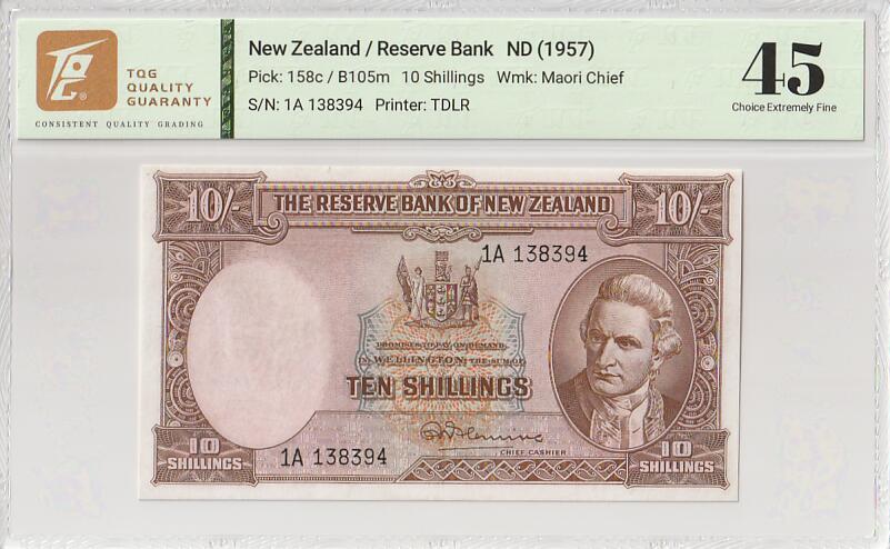 2025十一月第五期，总第203期 新西兰1957版10先令TQG45分，后期战后签名版本，库克船长和唐怀伊条约