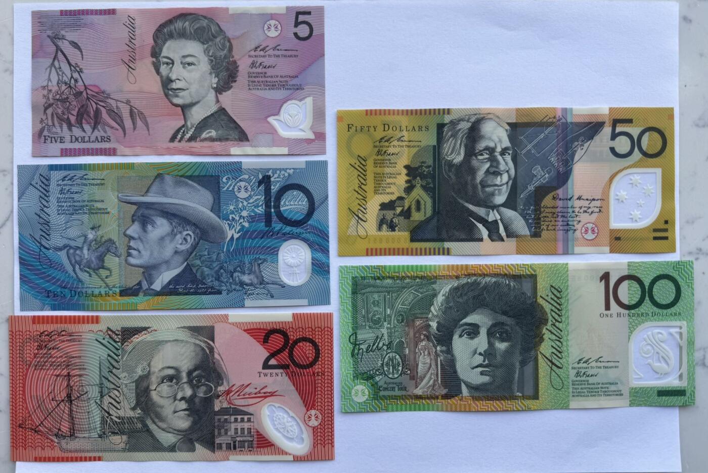 2025第25场（总第225期）：精品测试钞、纪念钞、塑料钞、连体钞综合场 OO96特殊冠 澳大利亚1996年全套塑料钞发行完毕特殊加盖纪念版5-100澳元全套同号册装UNC（第851号）