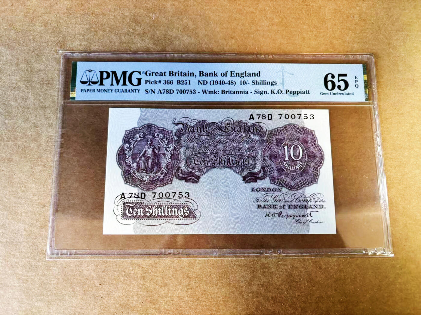 【Blue Auction】世界纸币精拍第753期——18级TOP拍卖/信誉/品质/专业/高效💫 英国 A序列 1940-48年10先令 紫色版 PMG65EPQ 