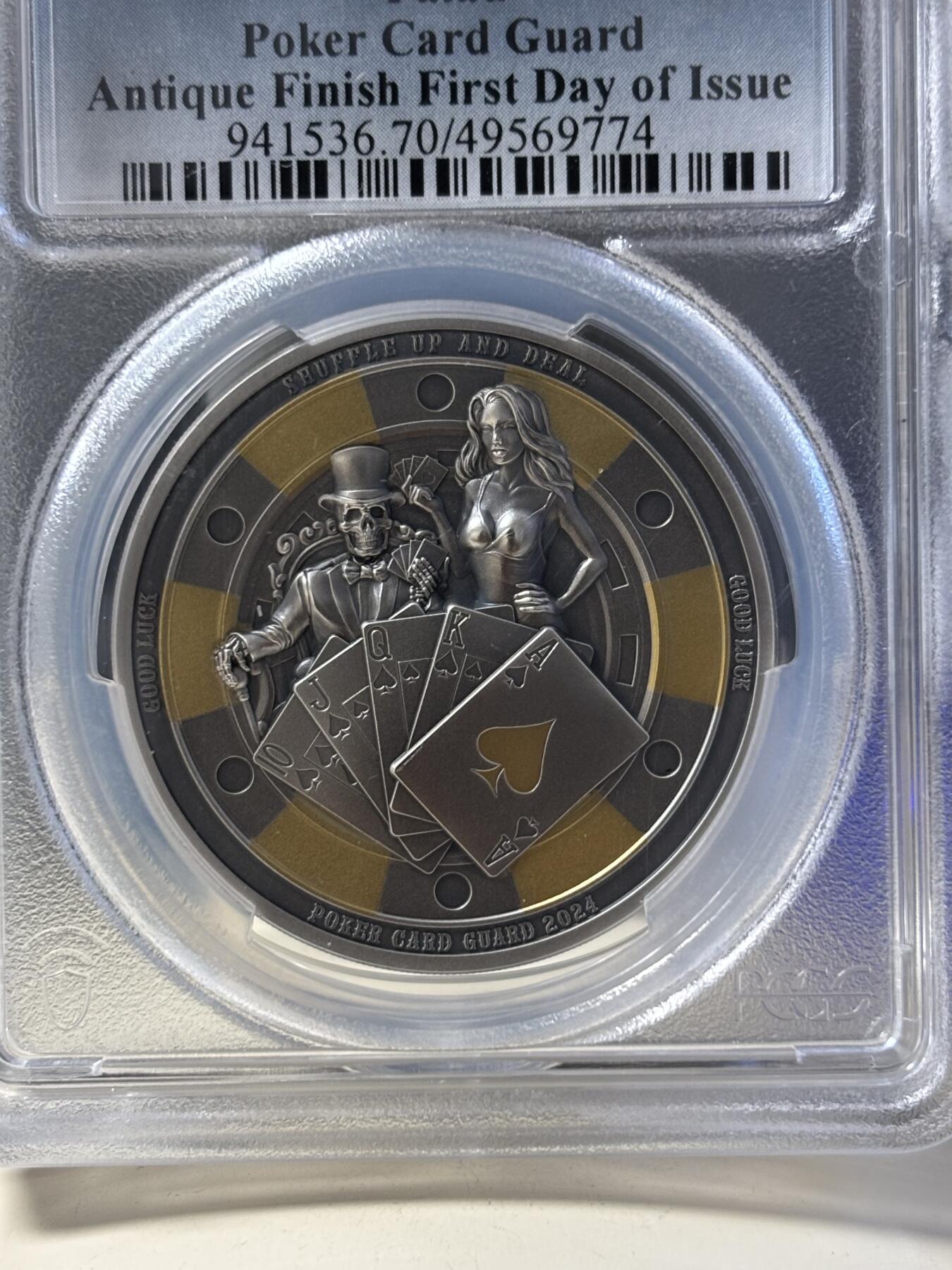 第182期拍卖 帕劳2024年扑克警卫镀金仿古浮雕纪念银币PCGS-SP70首无盒无证书，1盎司。9999银，发行1111枚，