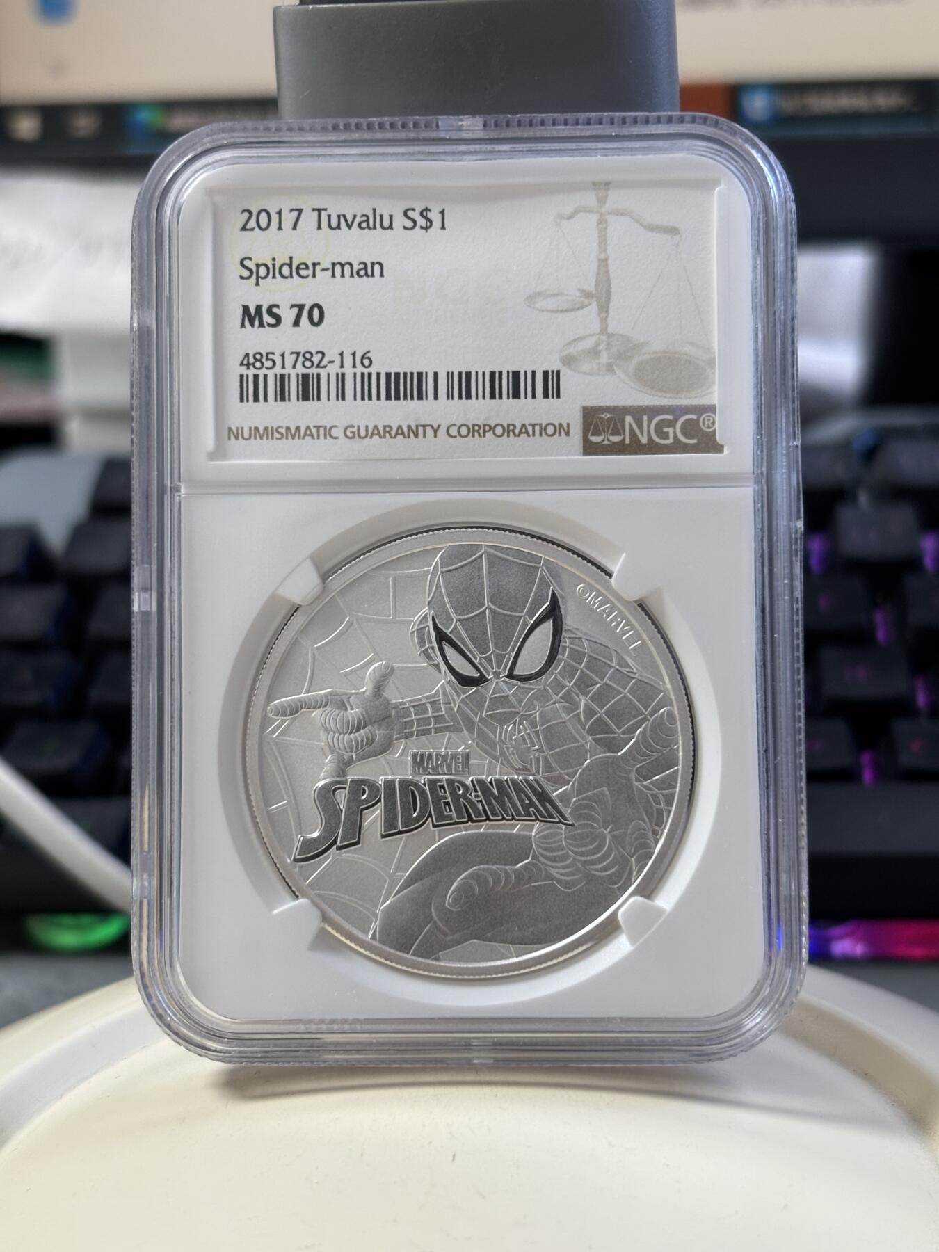 第182期拍卖 图瓦卢2017年漫威超级英雄蜘蛛侠纪念银币NGC-MS70，9999银，发行50000枚