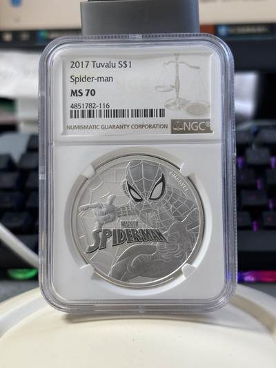 第182期拍卖 - 图瓦卢2017年漫威超级英雄蜘蛛侠纪念银币NGC-MS70，9999银，发行50000枚