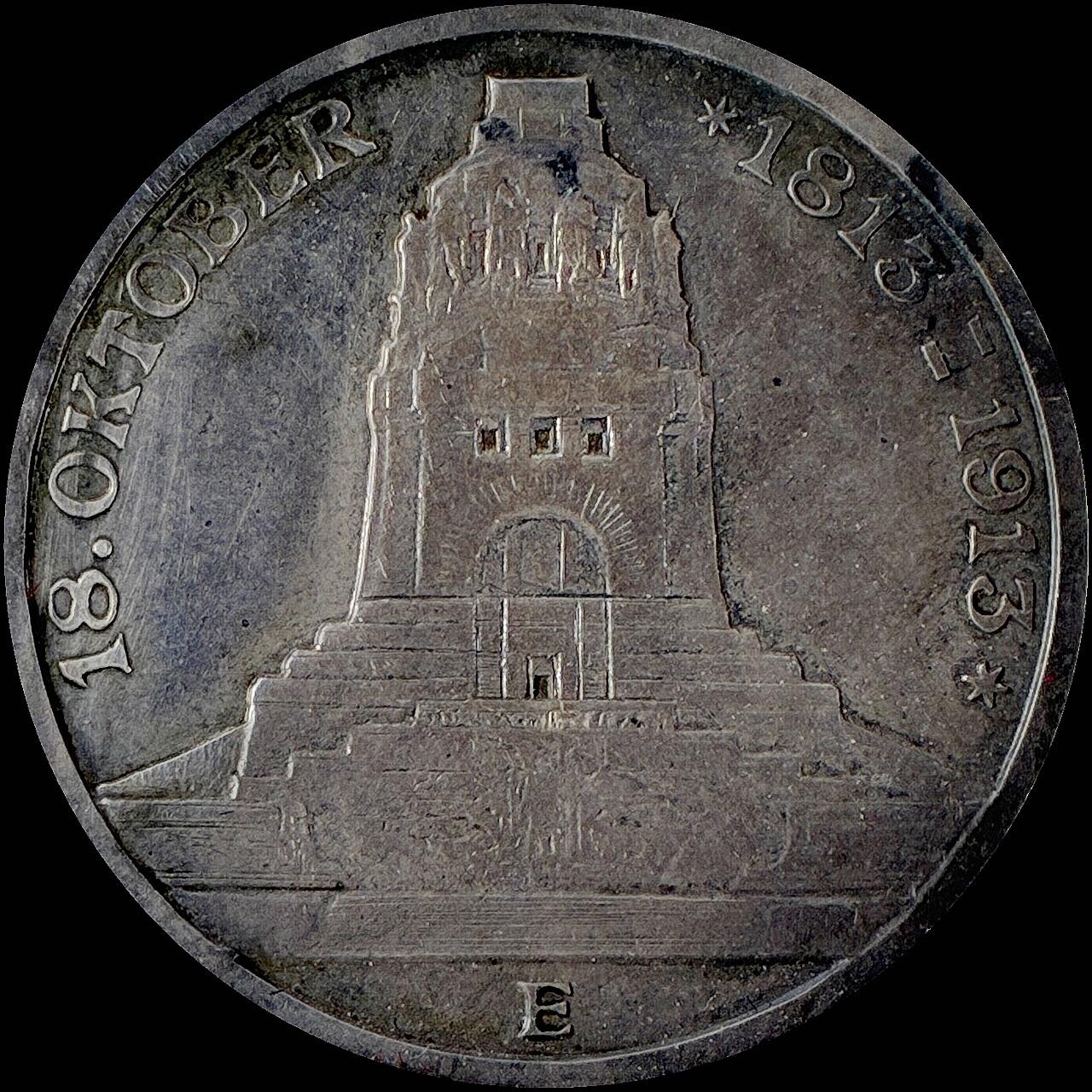 【雨安】【直播拍卖】【世界币章115期-裸币】2025-11-21 周五 19:30 保真 [裸币德国] Germany 德国 帝国 萨克森 3马克 (1913) 莱比锡建功碑 1913年