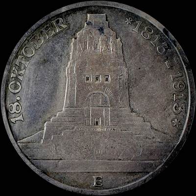 【雨安】【直播拍卖】【世界币章115期-裸币】2025-11-21 周五 19:30 保真 - [裸币德国] Germany 德国 帝国 萨克森 3马克 (1913) 莱比锡建功碑 1913年