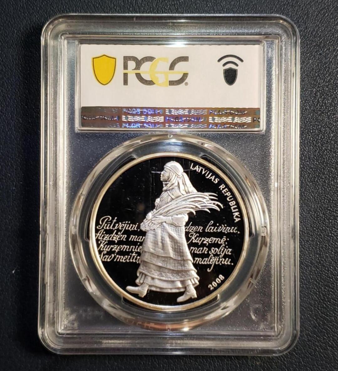 发行量少 2008年拉脱维亚少女赴歌会1拉特精制银币PCGS PR69